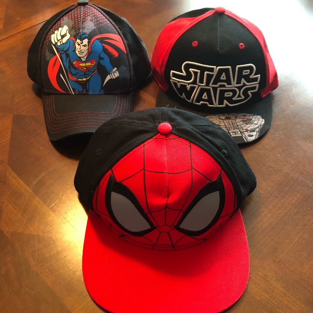 Star Wars Kids, Superman, Spider-Man Superhero Caps - bundle of three